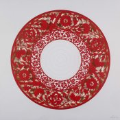 Anila Quayyum Agha, "Flowers (Red)," Mixed media on paper (red circle with outer cutouts, red beads, and white stitching on center) 29.5 x 29.5 in - SDAM